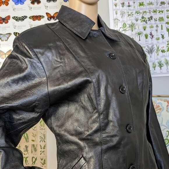 Vintage 90s DV Design Black Leather Jacket Button Front Junior's Size 11 - Picture 3 of 12